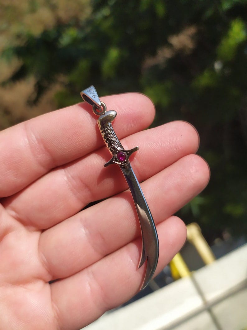 Silver Zulfiqar Necklace with Zirconia with Red Stone Imam Ali Sword Pendant Zulfiqar Sword Islamic Necklace