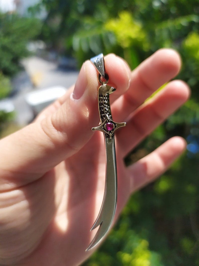 Silver Zulfiqar Necklace with Zirconia with Red Stone Imam Ali Sword Pendant Zulfiqar Sword Islamic Necklace