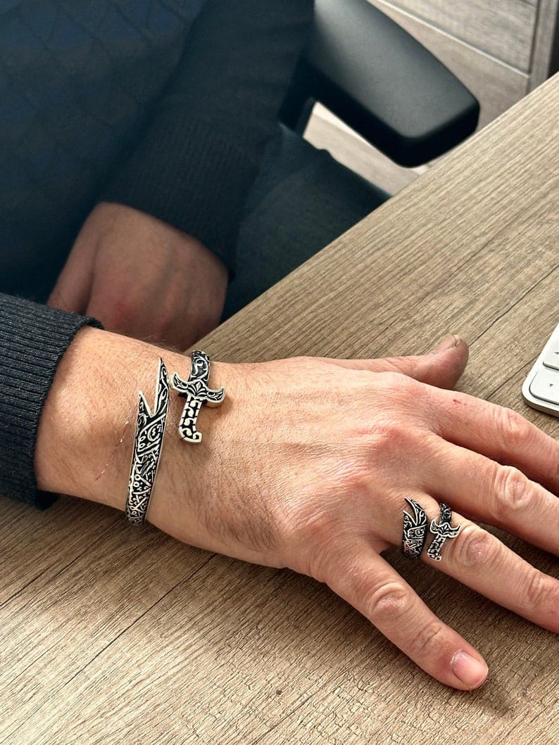 Men Silver Zulfiqar Bracelet, Silver Sword Bracelet, Hz. Ali's Zulfiqar Bracelet , Silver Sword Ring & Bracelet Set, 925k Silver Bracelet