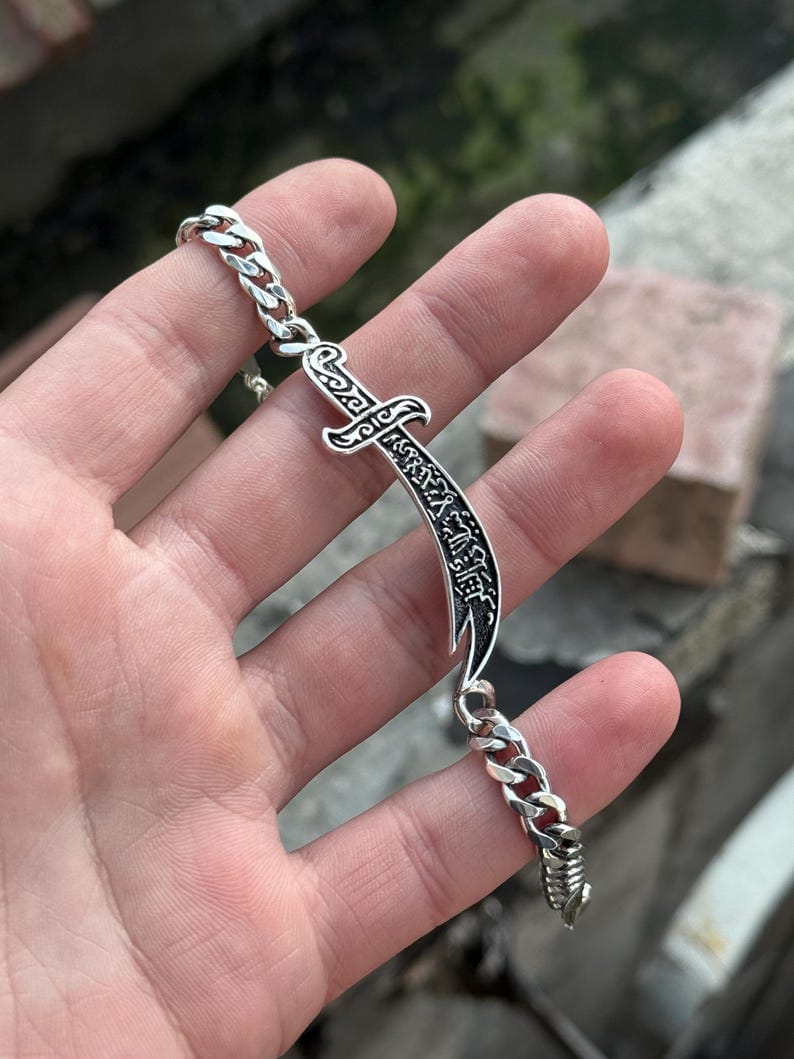 Silver Sword Bracelet, Mens Zulfiqar Chain Bracelet, Curb Chain Warrior Bracelet, Hz. Ali's Zulfiqar Bracelet , 925k Silver Bracelet