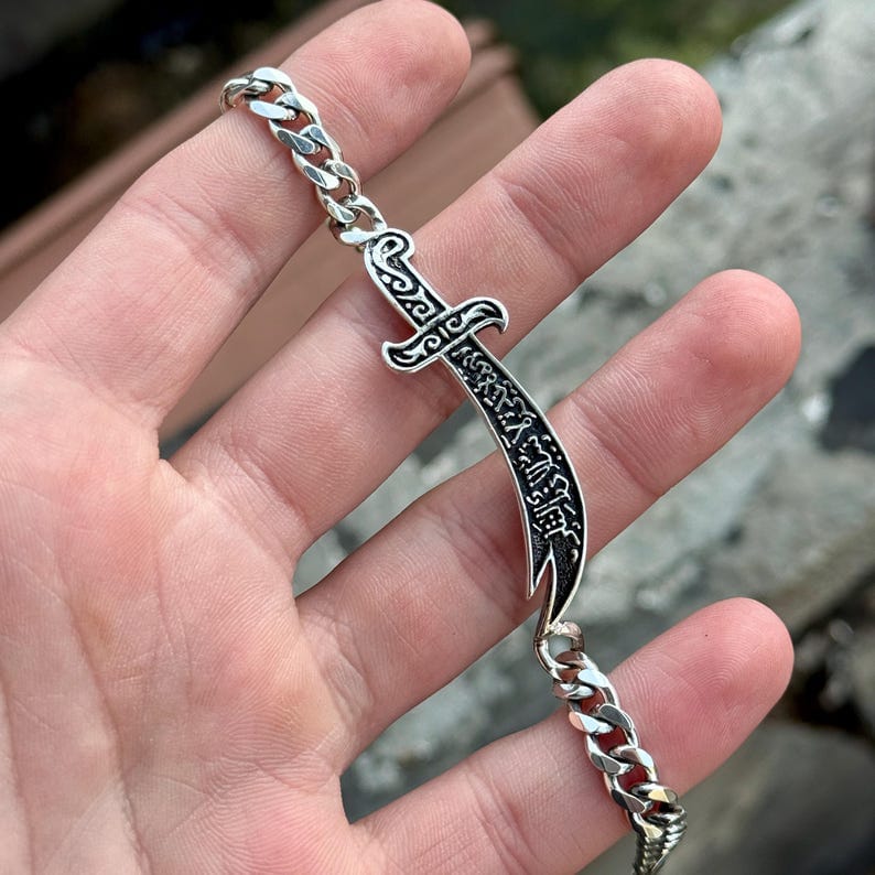 Silver Sword Bracelet, Mens Zulfiqar Chain Bracelet, Curb Chain Warrior Bracelet, Hz. Ali's Zulfiqar Bracelet , 925k Silver Bracelet