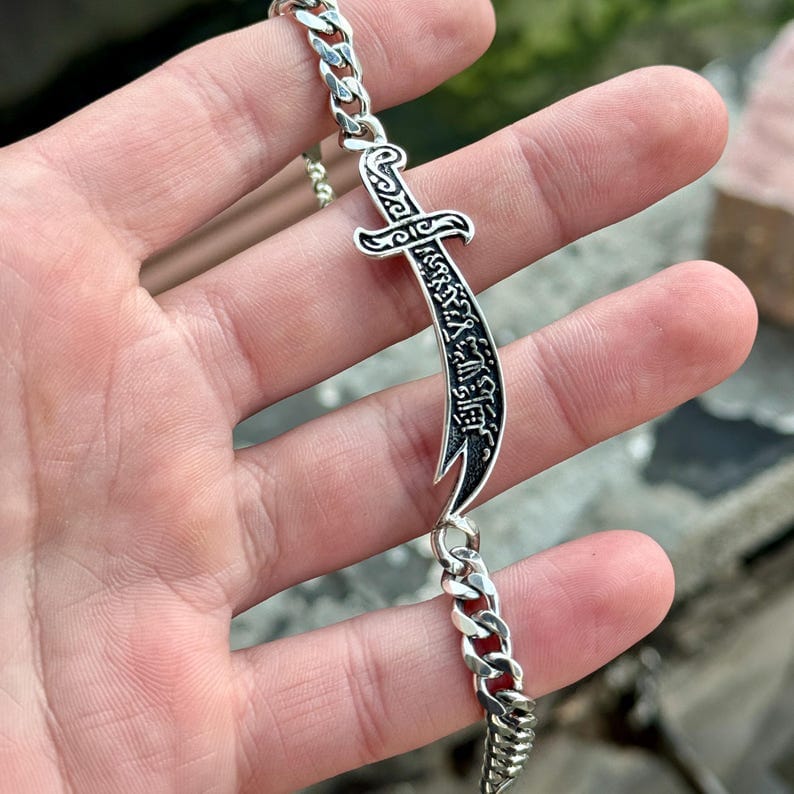 Silver Sword Bracelet, Mens Zulfiqar Chain Bracelet, Curb Chain Warrior Bracelet, Hz. Ali's Zulfiqar Bracelet , 925k Silver Bracelet