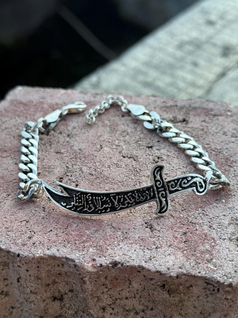 Silver Sword Bracelet, Mens Zulfiqar Chain Bracelet, Curb Chain Warrior Bracelet, Hz. Ali's Zulfiqar Bracelet , 925k Silver Bracelet