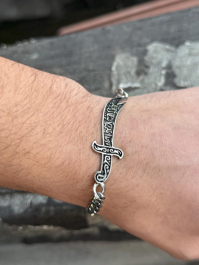 Silver Sword Bracelet, Mens Zulfiqar Chain Bracelet, Curb Chain Warrior Bracelet, Hz. Ali's Zulfiqar Bracelet , 925k Silver Bracelet