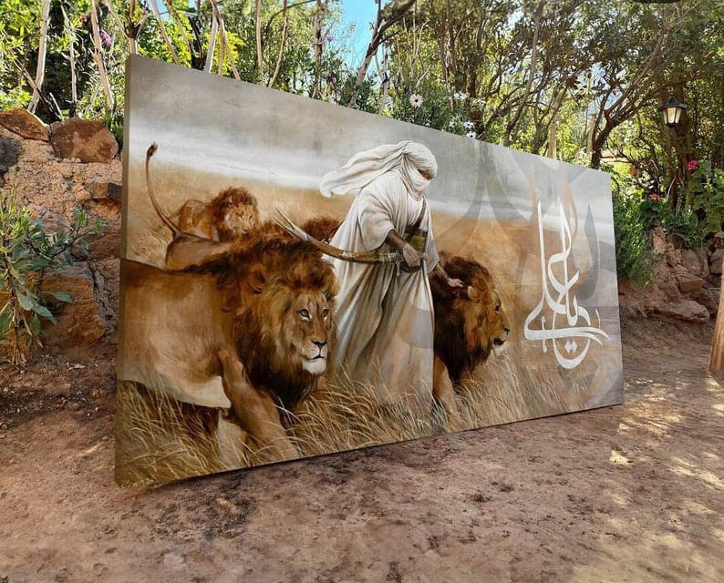 imam Ali with lions high quality banner, ya Ali, shia wall art, shia wall banner, imam ali portrait, imam ali art, Zulfikar ,eid e ghadir