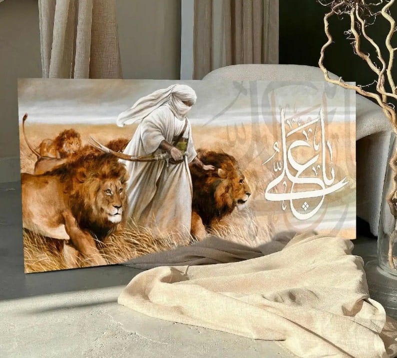 imam Ali with lions high quality banner, ya Ali, shia wall art, shia wall banner, imam ali portrait, imam ali art, Zulfikar ,eid e ghadir