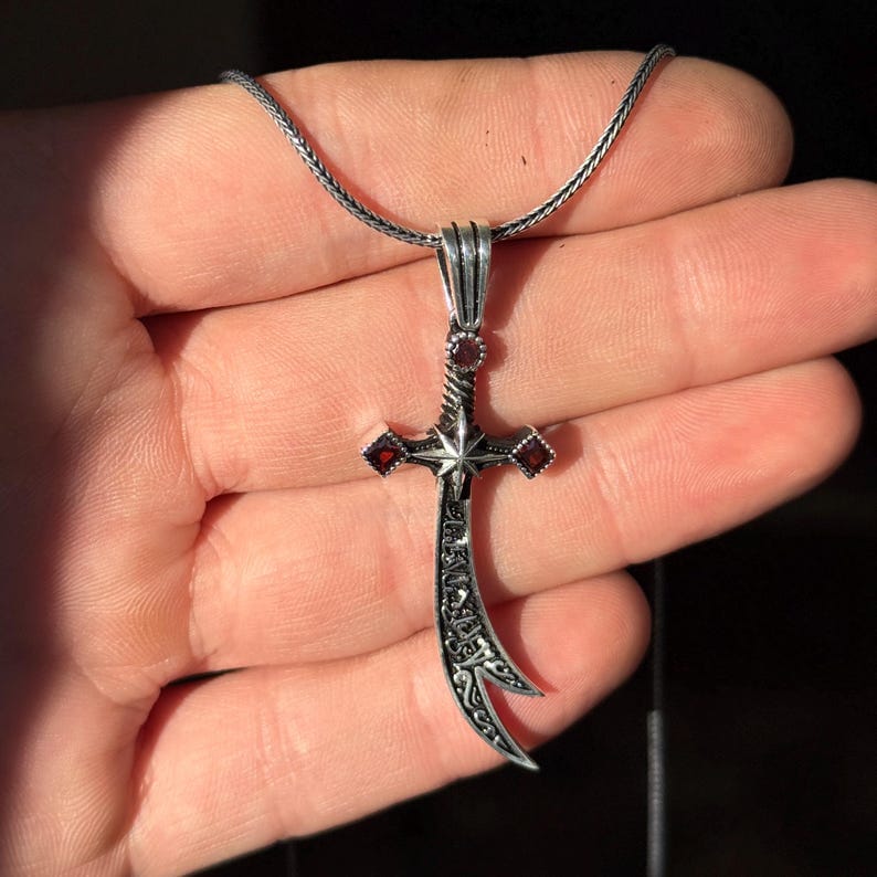 Silver Zulfiqar Necklace, Silver Ruby Stone Sword Necklace, Hz. Ali Sword Necklace, 925 Sterling Silver Necklace , 925k Sterling Silver