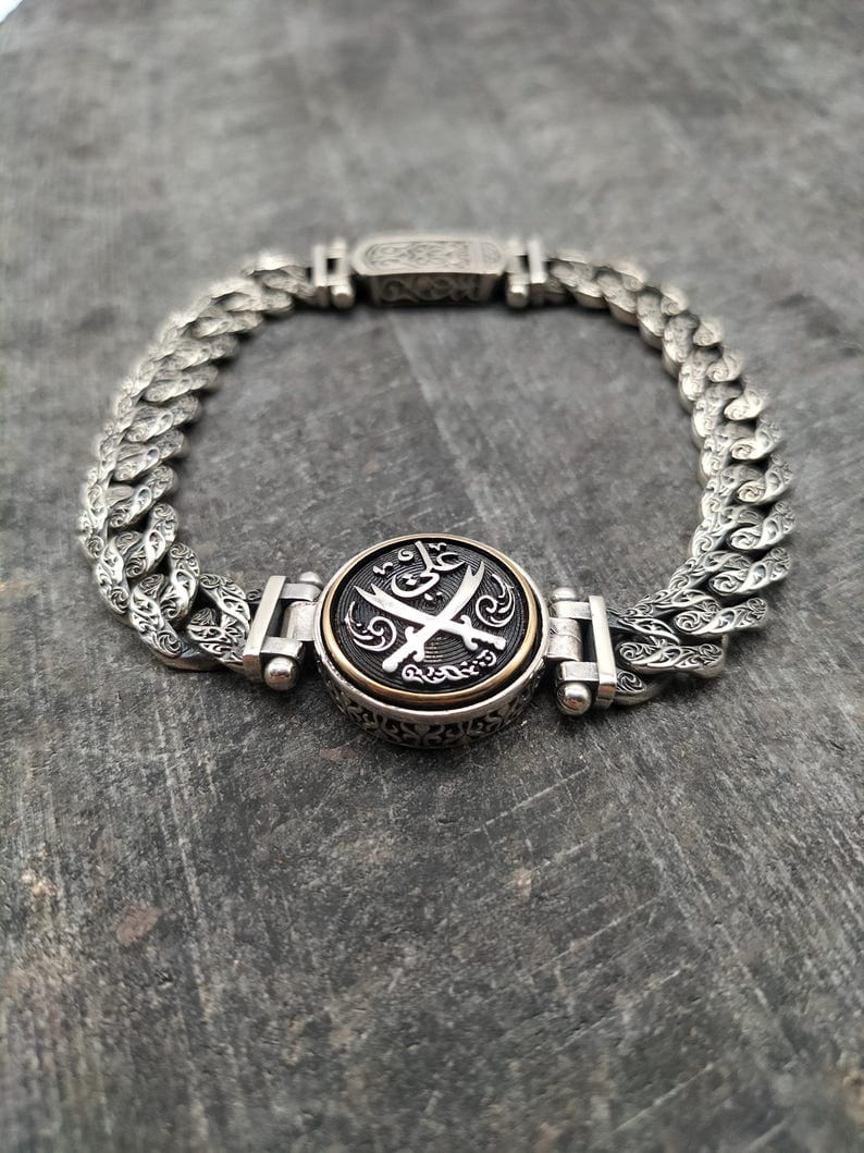 925 Sterling Silver Sword Embroidered Cuban Link Bracelet, Silver Bracelet for Men, Anniversary Gift, Birthday Gift, Gift for Husband