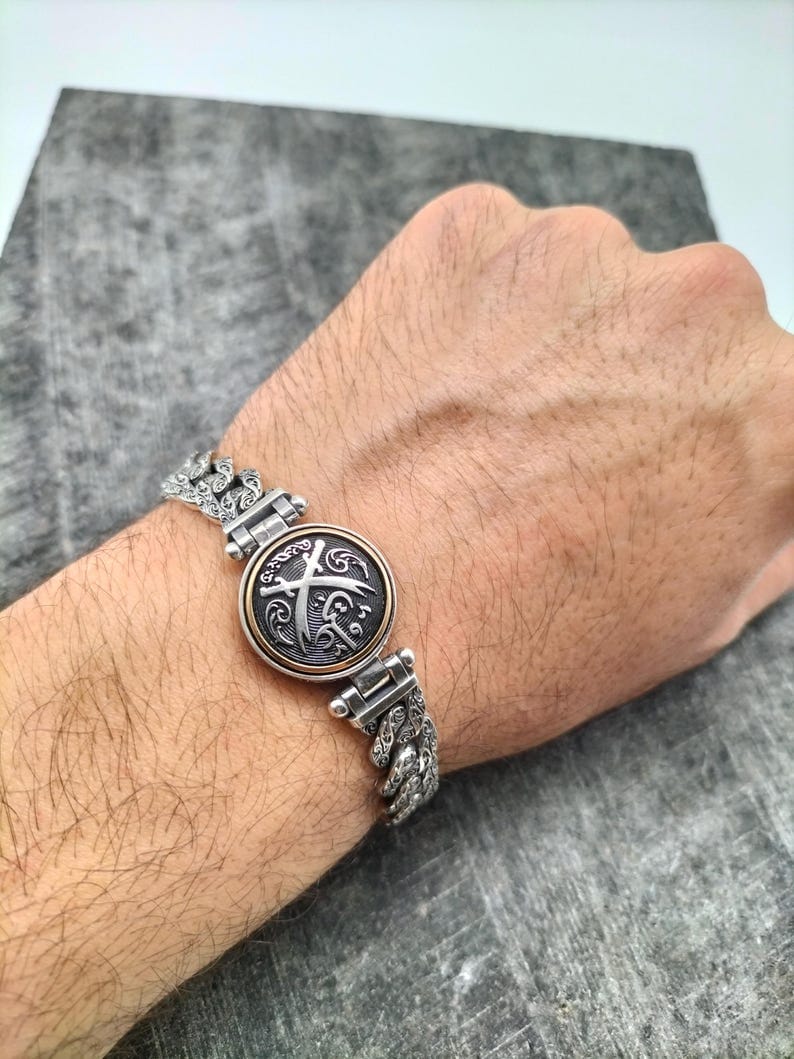 925 Sterling Silver Sword Embroidered Cuban Link Bracelet, Silver Bracelet for Men, Anniversary Gift, Birthday Gift, Gift for Husband