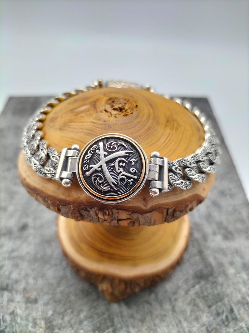 925 Sterling Silver Sword Embroidered Cuban Link Bracelet, Silver Bracelet for Men, Anniversary Gift, Birthday Gift, Gift for Husband