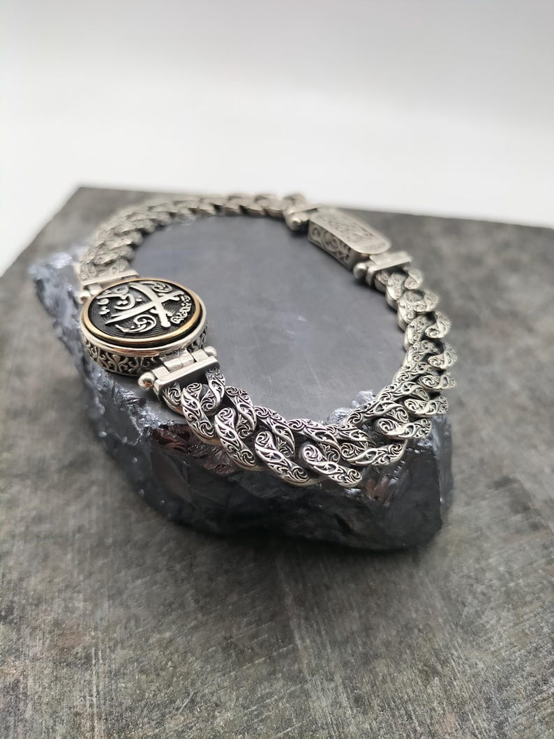 925 Sterling Silver Sword Embroidered Cuban Link Bracelet, Silver Bracelet for Men, Anniversary Gift, Birthday Gift, Gift for Husband