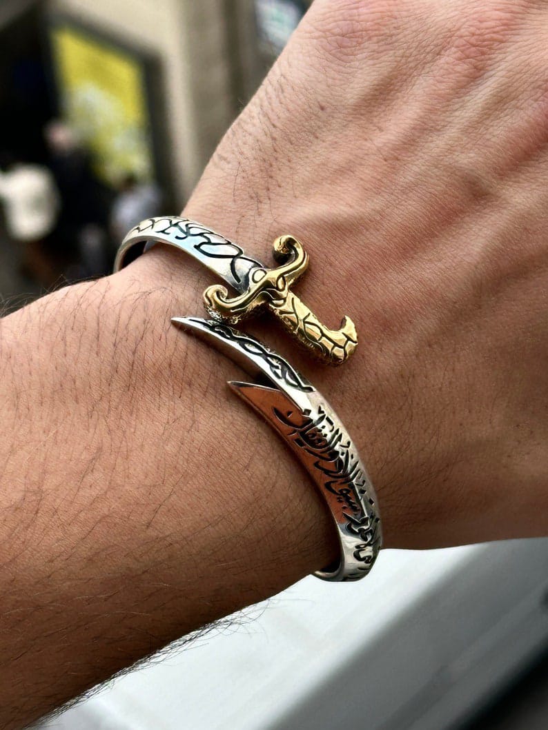 Silver Sword Bracelet , Handmade Bracelet , Gold & Silver Mens Zulfiqar Bracelet , Silver Man Warrior Bracelet , 925k Sterling Silver