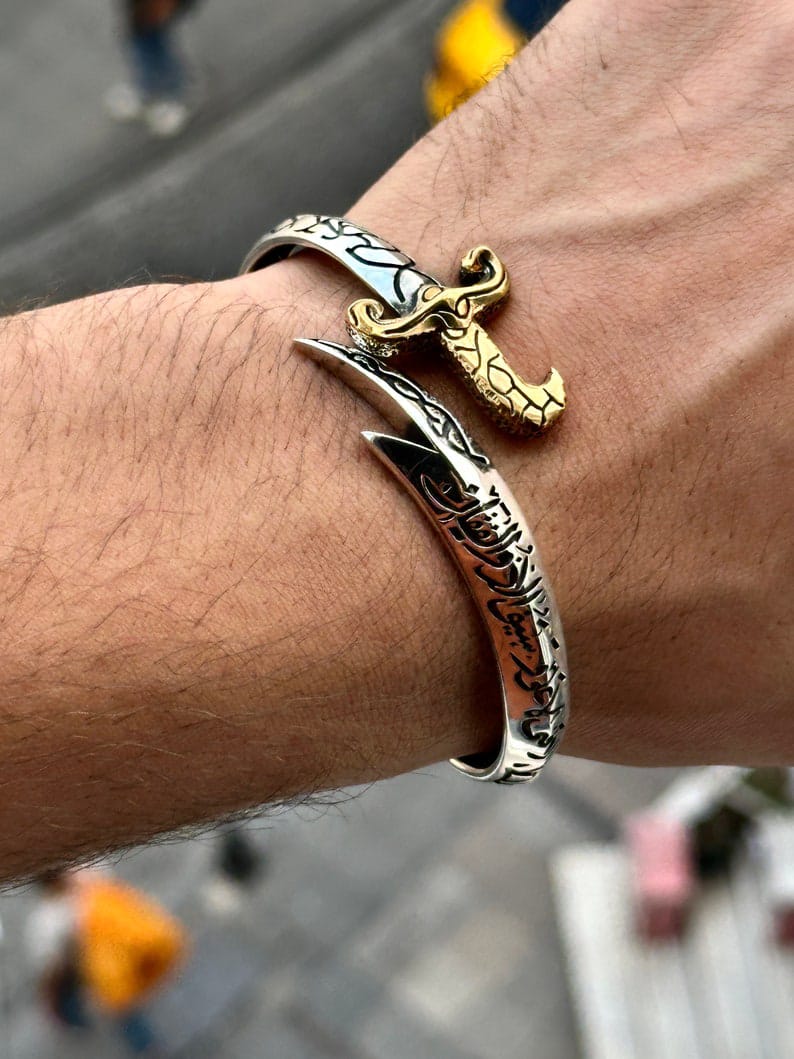 Silver Sword Bracelet , Handmade Bracelet , Gold & Silver Mens Zulfiqar Bracelet , Silver Man Warrior Bracelet , 925k Sterling Silver