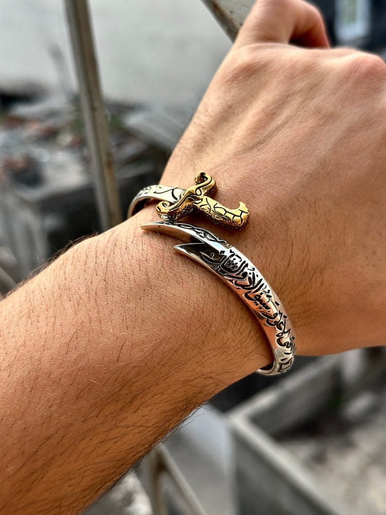 Silver Sword Bracelet , Handmade Bracelet , Gold & Silver Mens Zulfiqar Bracelet , Silver Man Warrior Bracelet , 925k Sterling Silver