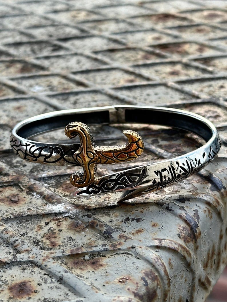 Silver Sword Bracelet , Handmade Bracelet , Gold & Silver Mens Zulfiqar Bracelet , Silver Man Warrior Bracelet , 925k Sterling Silver