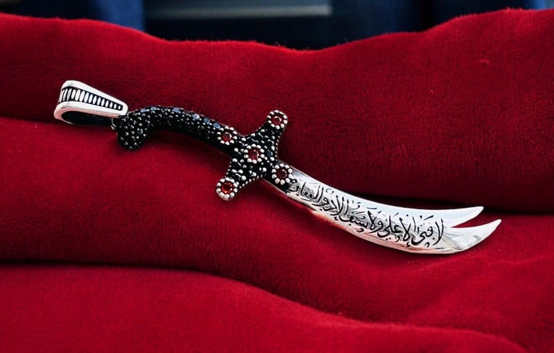 Imam Ali Zulfiqar Necklace ,Sword Necklace with Micro Red Zircon Stone, Solid 925K Sterling Silver Shia Pendant, Muslim Shia Gift for Him