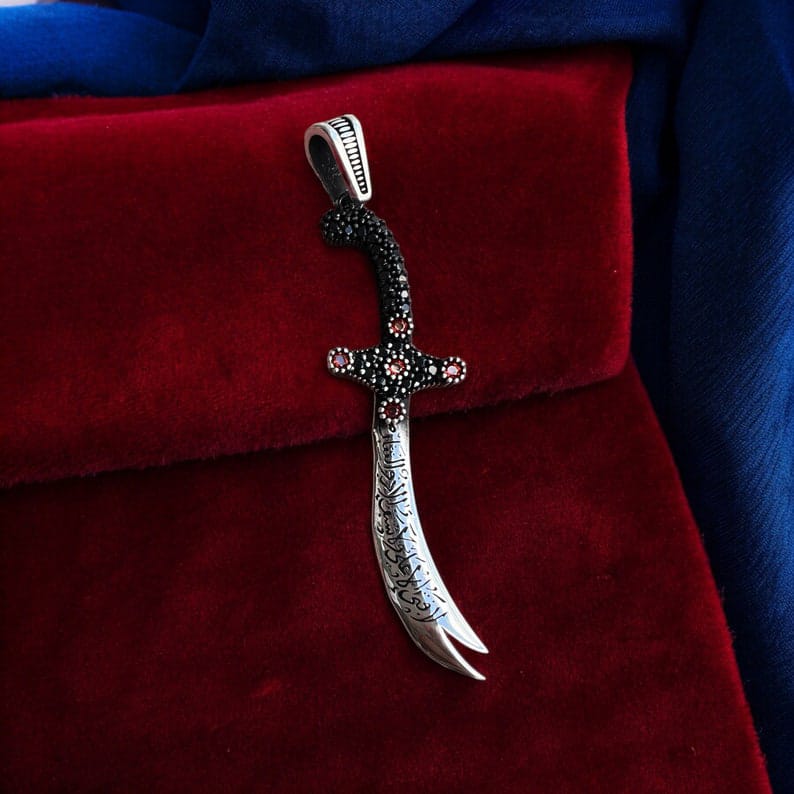 Imam Ali Zulfiqar Necklace ,Sword Necklace with Micro Red Zircon Stone, Solid 925K Sterling Silver Shia Pendant, Muslim Shia Gift for Him
