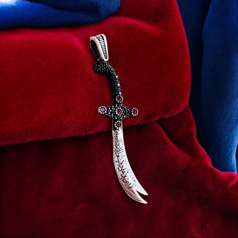 Imam Ali Zulfiqar Necklace ,Sword Necklace with Micro Red Zircon Stone, Solid 925K Sterling Silver Shia Pendant, Muslim Shia Gift for Him