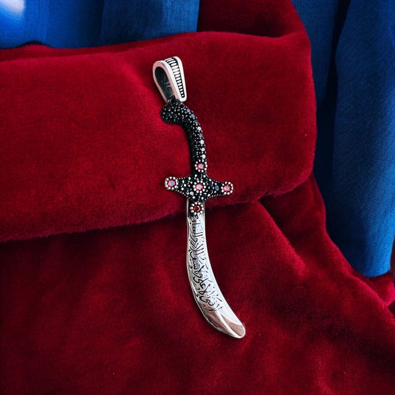 Imam Ali Zulfiqar Necklace ,Sword Necklace with Micro Red Zircon Stone, Solid 925K Sterling Silver Shia Pendant, Muslim Shia Gift for Him
