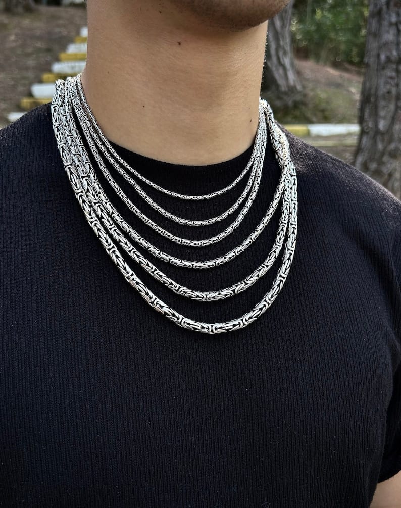 Byzantine King Chain Necklace 925 Sterling Silver, Round Cut Bali Byzantine Chain, Solid Silver Byzantine Jewelry, Chain Gift For Father
