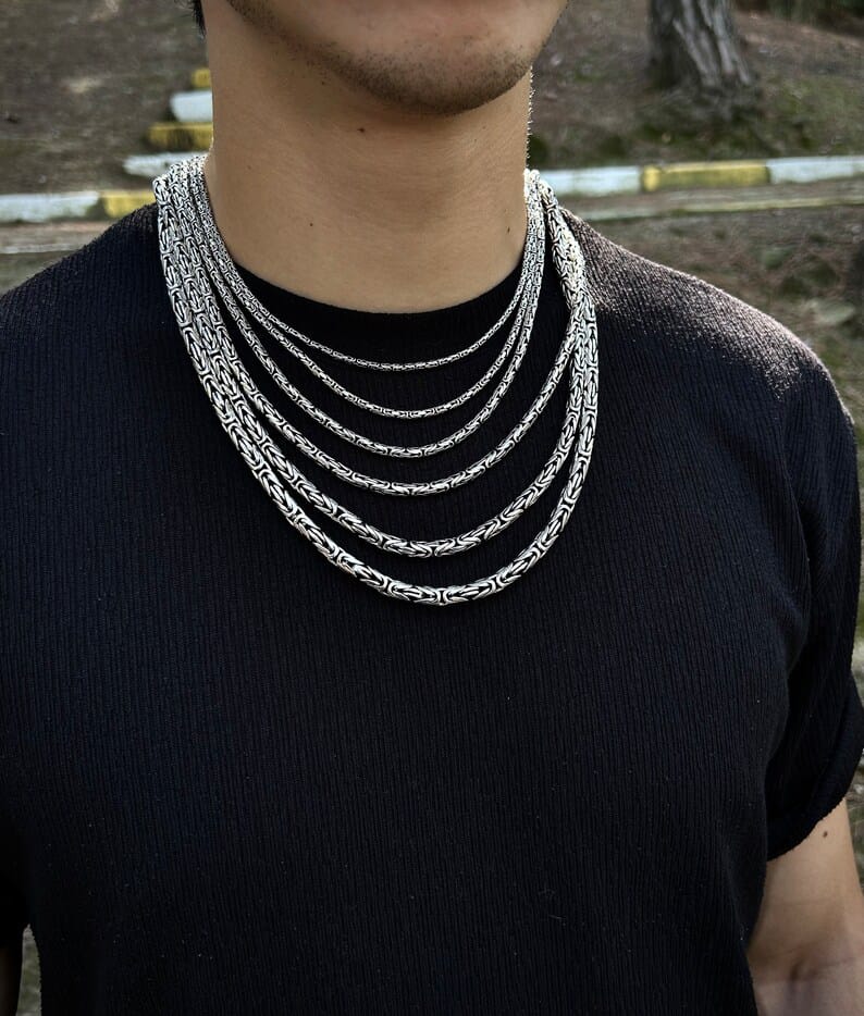 Byzantine King Chain Necklace 925 Sterling Silver, Round Cut Bali Byzantine Chain, Solid Silver Byzantine Jewelry, Chain Gift For Father