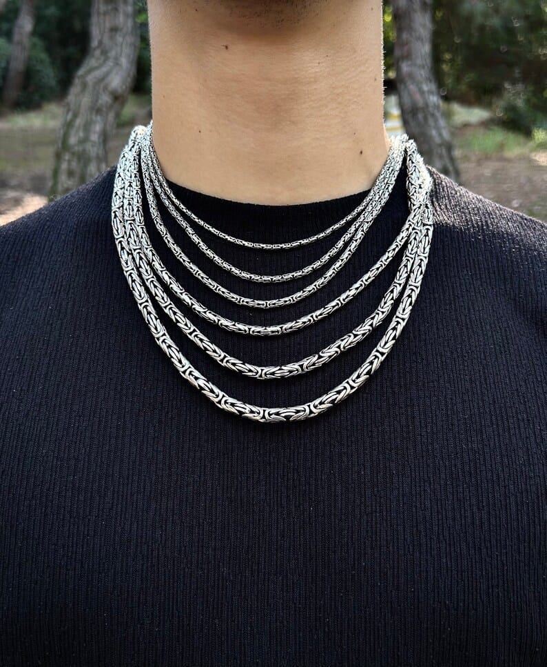 Byzantine King Chain Necklace 925 Sterling Silver, Round Cut Bali Byzantine Chain, Solid Silver Byzantine Jewelry, Chain Gift For Father