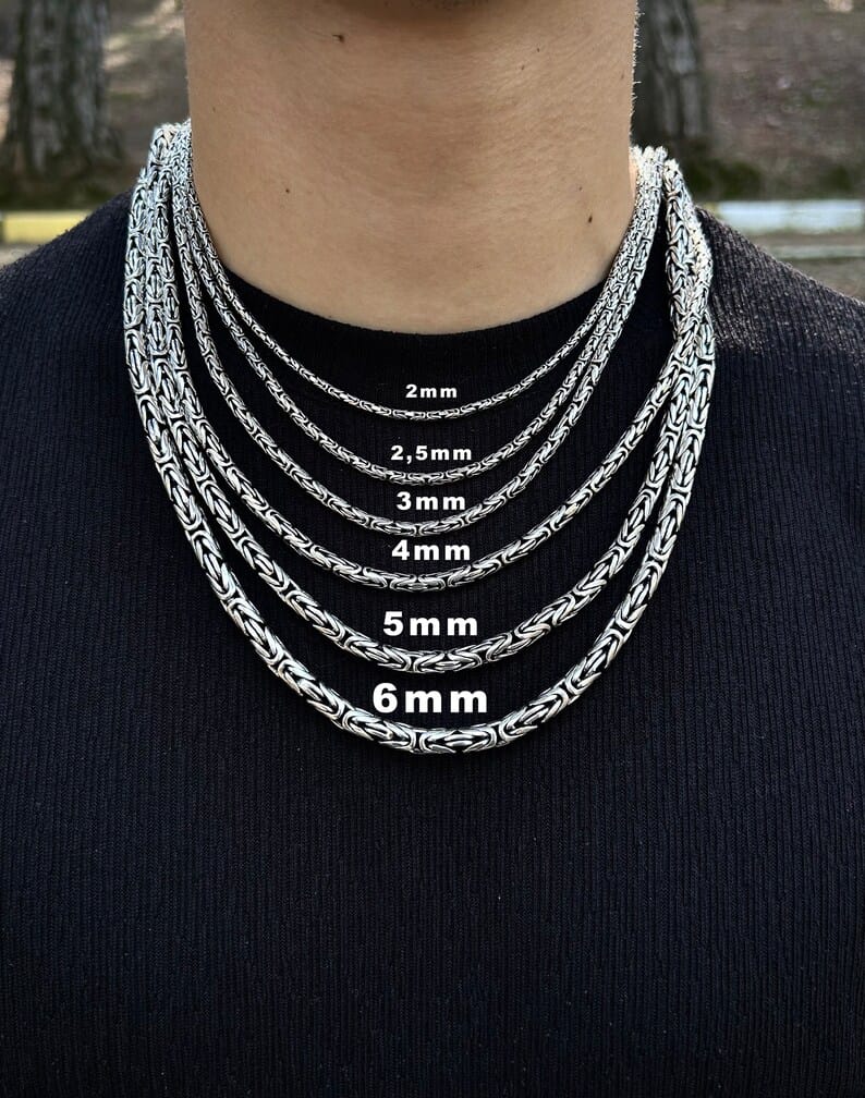 Byzantine King Chain Necklace 925 Sterling Silver, Round Cut Bali Byzantine Chain, Solid Silver Byzantine Jewelry, Chain Gift For Father
