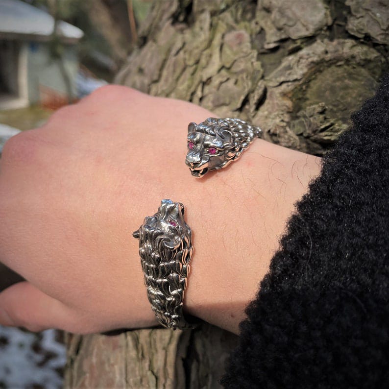 Mens Bracelet Adjustable 925 Sterling Silver, Animal Bracelet Men, Silver Male Bracelet, Heavy Unique Wolf Bracelet Men, Gifts For Him